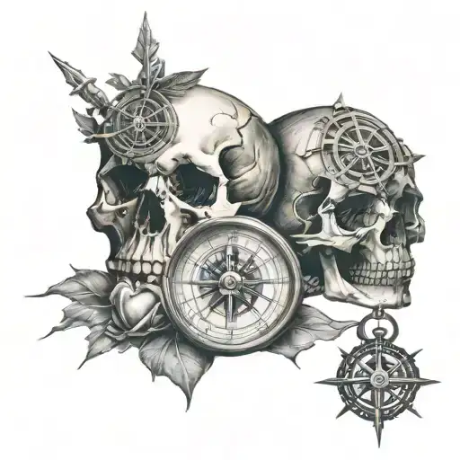 Skull, anatomically correct heart and compass tattoo design idea