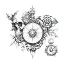 Skull, anatomically correct heart and compass tattoo design idea
