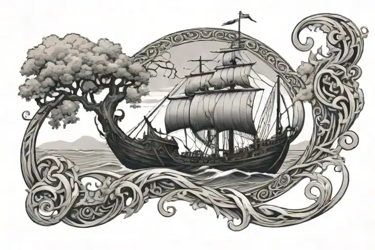 Viking Ship Sailing  and yggdrasil tattoo design idea