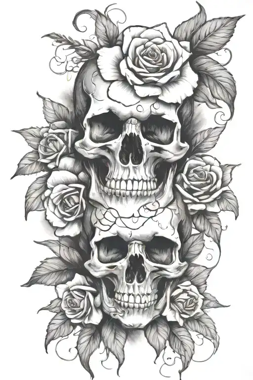 Gothic skull tattoo stencil with roses, orchids, and lavender, black and graywash  tattoo design idea