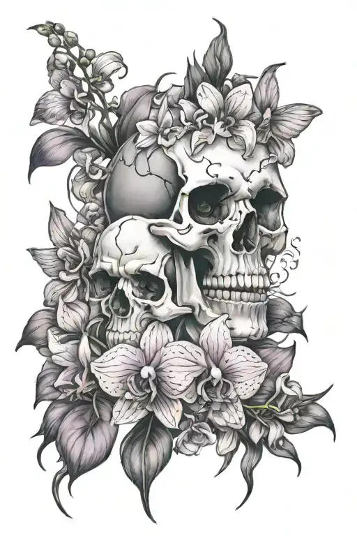  Gothic skull tattoo stencil with orchids, and lavender, black and graywash  tattoo design idea