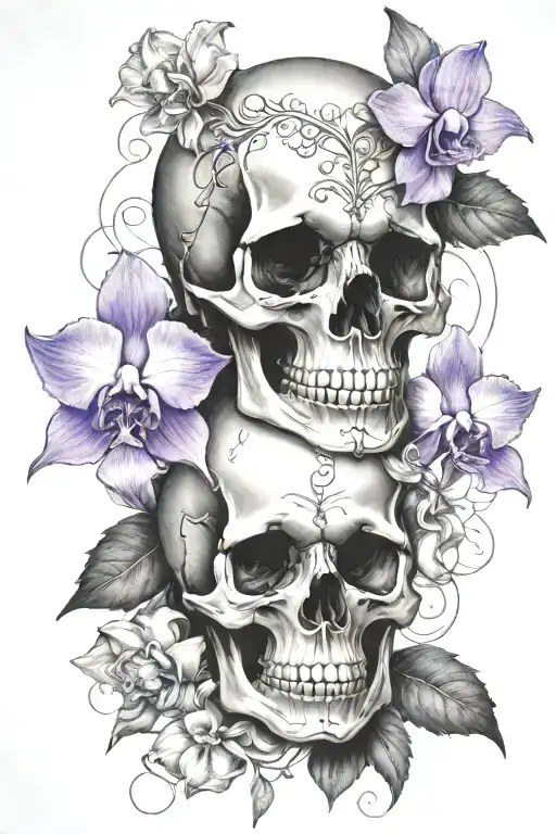  Gothic skull tattoo stencil with orchids, and lavender, black and graywash  tattoo design idea