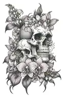  Gothic skull tattoo stencil with orchids, and lavender, black and graywash  tattoo design idea