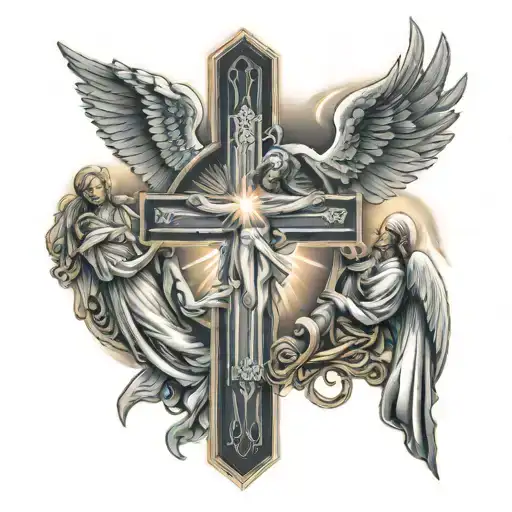 glowing cross with Jesus and angels holding hands tattoo design idea