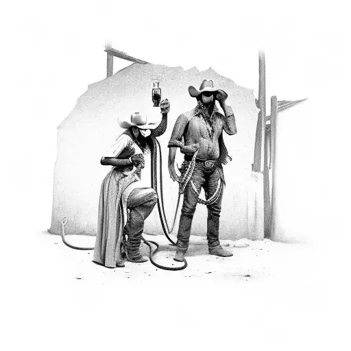 A cowboy and an Indian sharing a drink in a saloon, with their horses tied up outside tattoo design idea
