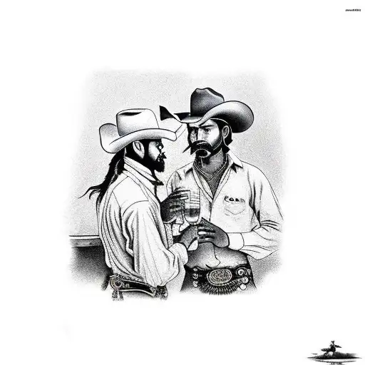 A cowboy and an Indian sharing a drink in a saloon, with their horses tied up outside tattoo design idea