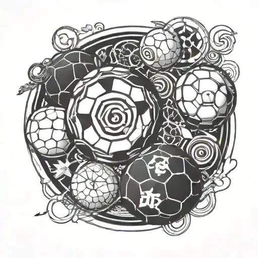 Combine a soccer ball with elements of the Naruto anime, such as ninja symbols or characters, in a blackwork style tattoo design idea