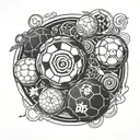 Combine a soccer ball with elements of the Naruto anime, such as ninja symbols or characters, in a blackwork style tattoo design idea