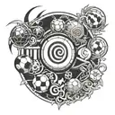 Combine a soccer ball with elements of the Naruto anime, such as ninja symbols or characters, in a blackwork style tattoo design idea