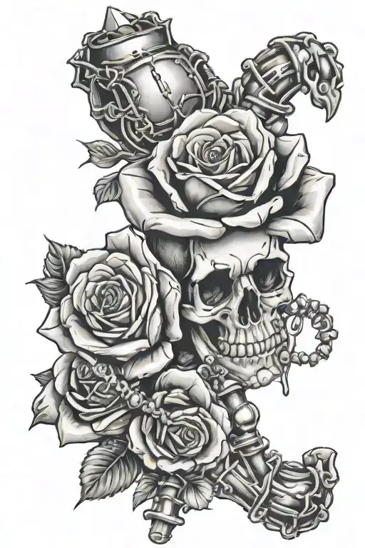 skeleton hand holding rose with rosary wrapped tattoo design idea