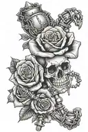 skeleton hand holding rose with rosary wrapped tattoo design idea