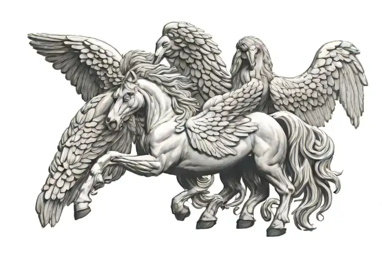  pegasus, sicily sun, dalmatia emblem, 3 little birds, roman greek realism, Slavic  tattoo design idea