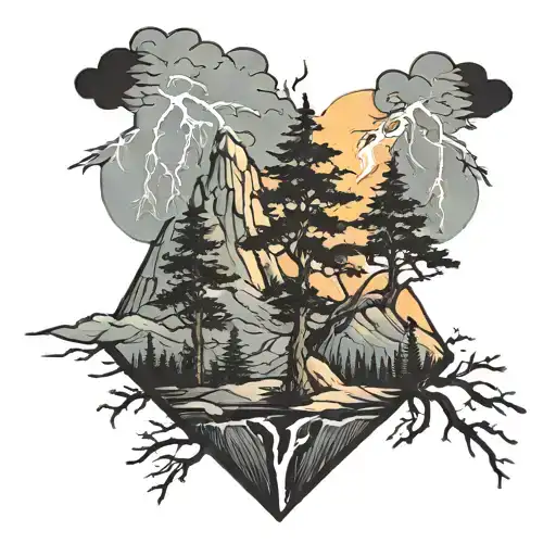 trees and mountains with lightning hitting mjolnoir tattoo design idea