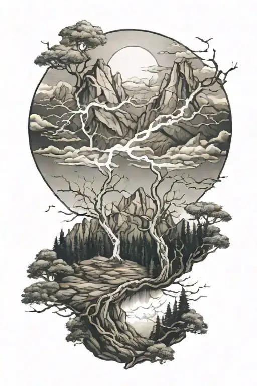 trees mountains lightning  tattoo design idea