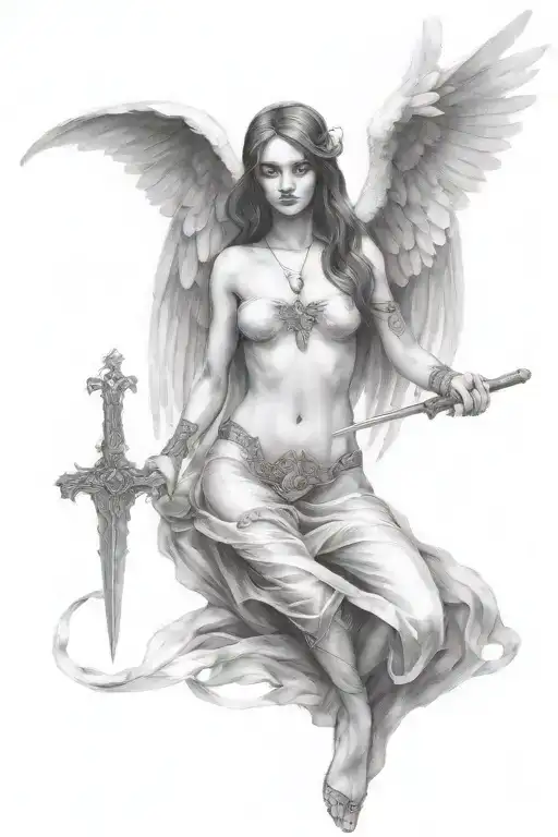full body fallen angel holding a sword tattoo design idea