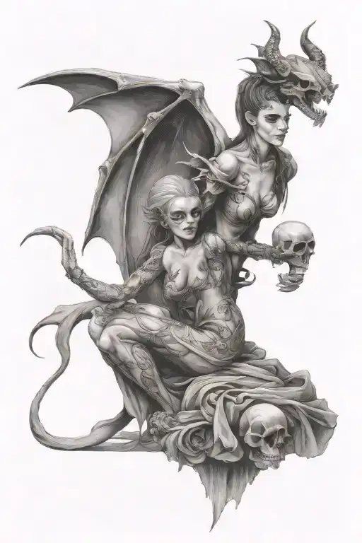 succubus holding a skull tattoo design idea
