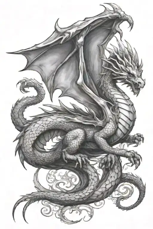 full body medieval dragon flying tattoo design idea