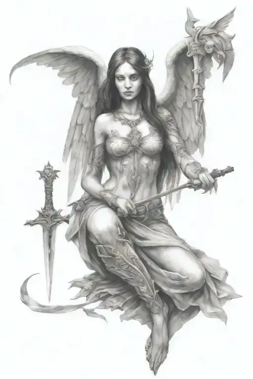 full body fallen angel holding a sword tattoo design idea