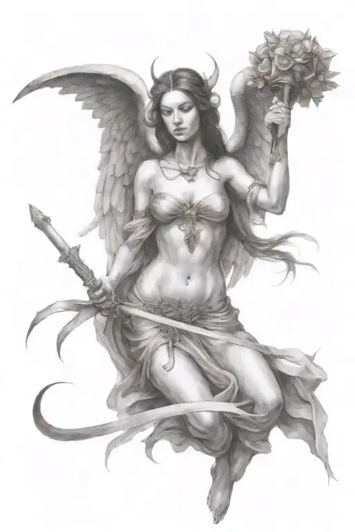 full body fallen angel holding a sword tattoo design idea