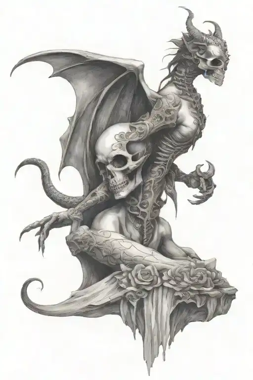 full body succubus holding a skull tattoo design idea