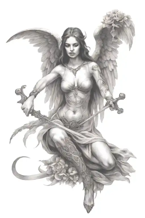 full body fallen angel holding a sword tattoo design idea