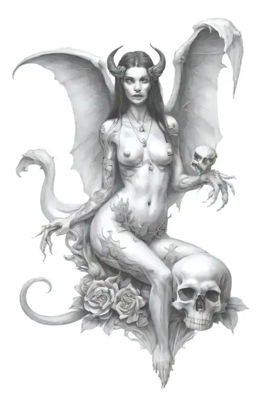 full body succubus holding a skull tattoo design idea