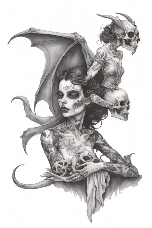 Black and Grey "Succubus Holding A Skull" Tattoo Idea - 