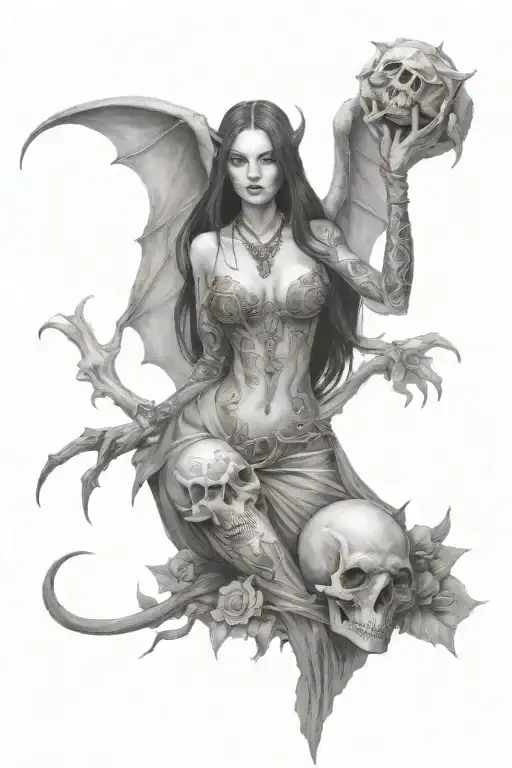 full body succubus holding a skull tattoo design idea