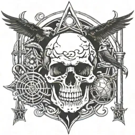 A skull surrounded by intertwining snakes and crows, with an hourglass and cross in the background tattoo design idea