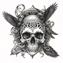 A skull surrounded by intertwining snakes and crows, with an hourglass and cross in the background dark hours tattoo design idea