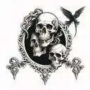 A skulls surrounded by intertwining snakes and crows, with an hourglass and cross in the dark vigilant background  tattoo design idea