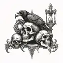 A skulls surrounded by intertwining snakes and crows, with an hourglass and cross in the dark vigilant background  tattoo design idea
