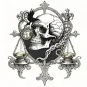 A skulls surrounded by intertwining snakes and crows, with an hourglass and cross in the dark vigilant background  tattoo design idea