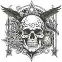 A skull surrounded by intertwining snakes and crows, with an hourglass and cross in the background tattoo design idea