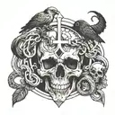 A skull surrounded by intertwining snakes and crows, with an hourglass and cross in the background tattoo design idea