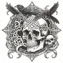 A skull surrounded by intertwining snakes and crows, with an hourglass and cross in the background tattoo design idea