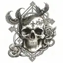 A skull surrounded by intertwining snakes and crows, with an hourglass and cross in the background tattoo design idea