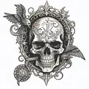 A skull surrounded by intertwining snakes and crows, with an hourglass and cross in the background tattoo design idea
