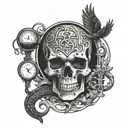 A skull surrounded by intertwining snakes and crows, with an hourglass and cross in the background tattoo design idea