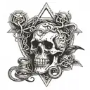 A skull surrounded by intertwining snakes and crows, with an hourglass and cross in the background tattoo design idea