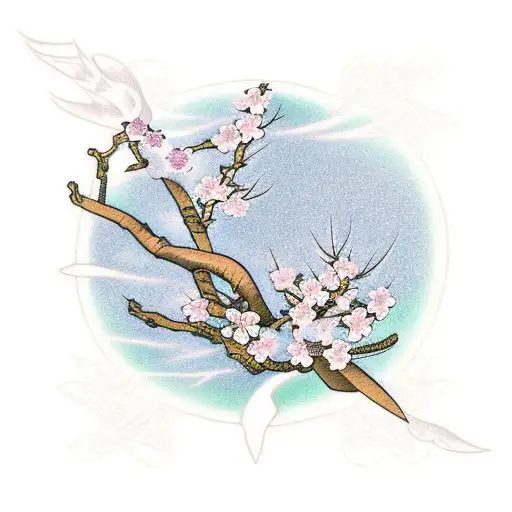 Sakura tree branch with japanese ribbons tattoo design idea