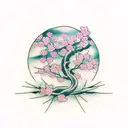 Sakura tree branch with japanese ribbons tattoo design idea