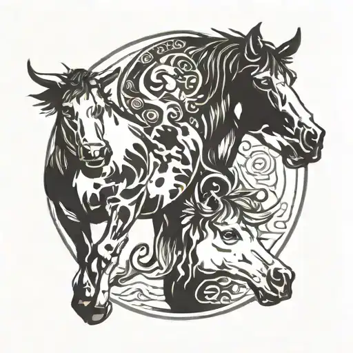 A cow and horse intertwined in a yin-yang design tattoo design idea