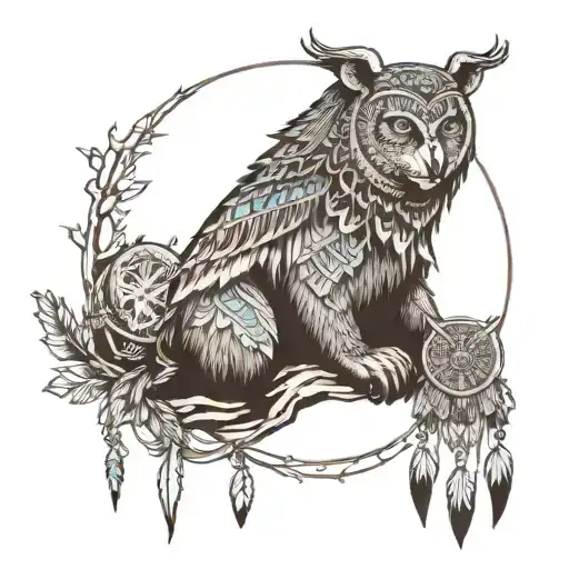 God Veles, bear, owl, dream catcher, valknut tattoo design idea
