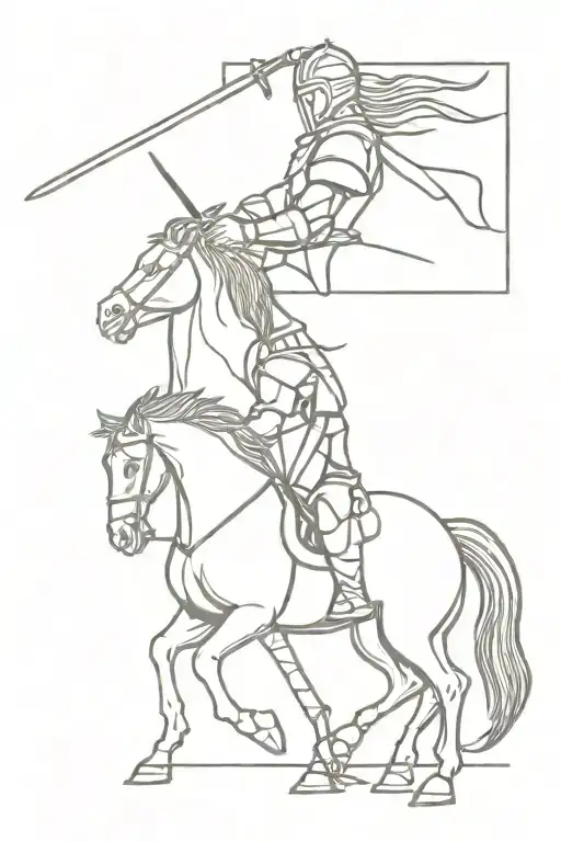 A full back tattoo of a knight sitting on a horse and holding a sword. The knight is fighting a dragon. tattoo design idea