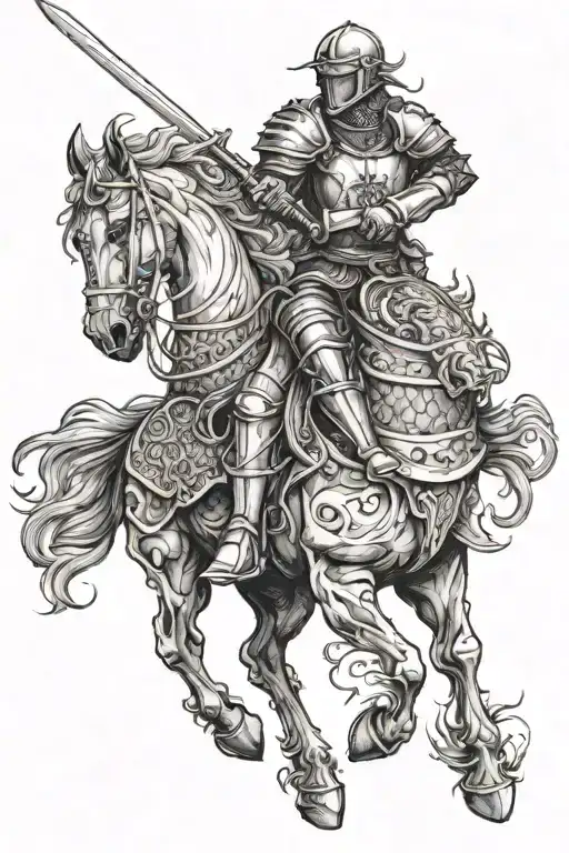 A full back tattoo of a knight sitting on a horse and holding a sword. The knight is fighting a dragon. tattoo design idea