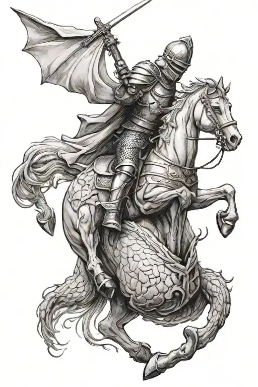 A full back tattoo of a knight sitting on a horse and holding a sword. The knight is fighting a dragon. tattoo design idea