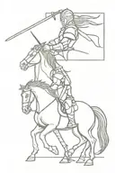 A full back tattoo of a knight sitting on a horse and holding a sword. The knight is fighting a dragon. tattoo design idea