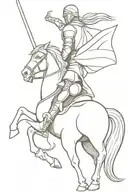 A full back tattoo of a knight sitting on a horse and holding a sword. The knight is fighting a dragon. tattoo design idea
