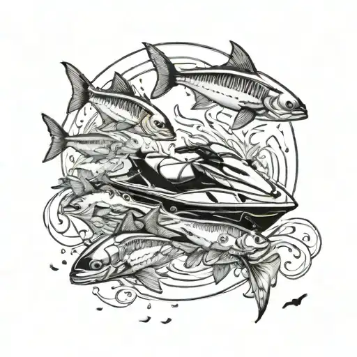 Incorporate a detailed jet ski design with a school of fish swimming around it tattoo design idea